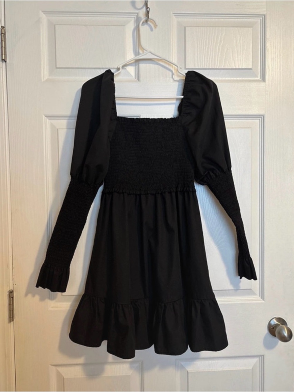 Black Smocked Puff Sleeve Mini Dress - Picture 2 of 4